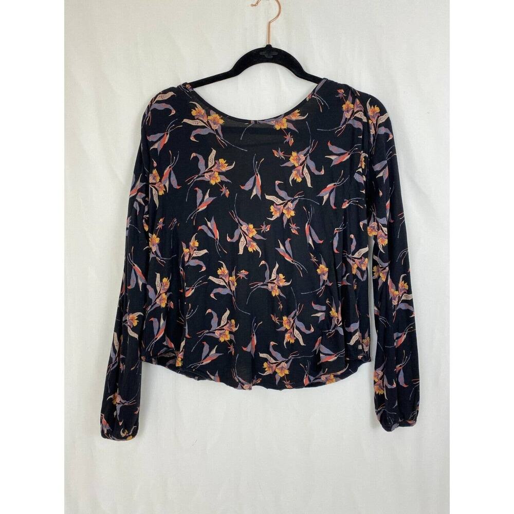 Free People Top Women's Small Black‎ Floral Open Back Fantasy Jersey Elsa Blouse